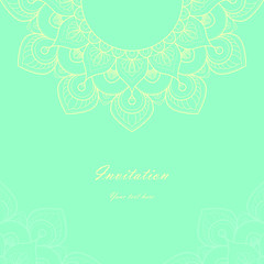 Mint and yellow color Invitation Card with  mandala ornament. Card template for Wedding invitation or Birthday greeting card. Vector illustration