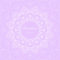 Pink and white Invitation Card with  mandala ornament. Card template for Wedding invitation or Birthday greeting card. Vector illustration