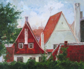 Roof in Tallinn, town view, oil painting