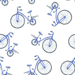 Fototapeta premium Repeat pattern of blue retro-style bicycle watercolor illustration on the white background, symbol of freedom, summer, movement, eco friendly transportation, leisure activities and staying healthy