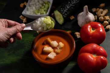 gazpacho vegan and vegetarian Extremaduran dish with tomato, cucumber, onion, garlic and bread croutons