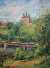 Russian town in summer, bridge, oil painting