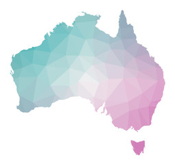 Polygonal map of Australia. Geometric illustration of the country in emerald amethyst colors. Australia map in low poly style. Technology, internet, network concept. Vector illustration.