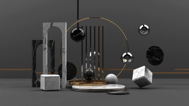black and white marble texture geometric shape and gold with stainless object group set 3d render abstract scene blank podium with black background