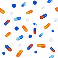 Medicine, pharmacy. Pills, capsules seamless pattern. Medication, pharmaceutics concept. 