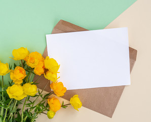 Yellow globeflower flowers flat lay and empty letter mock up with envelope on pastel paper double green vanilla background. Creative minimal spring or summer concept, top view, copy space
