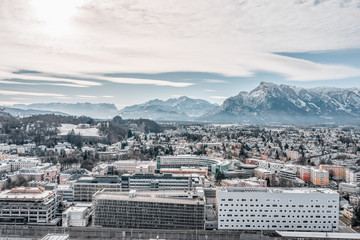 Aerial drone shot view of Salzburg Landeskrankenhaus with view o