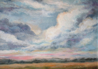 the sky and clouds over a field, oil painting