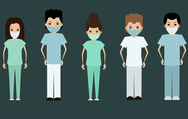 Medical staff in uniforms with protective face masks flat vector illustration 