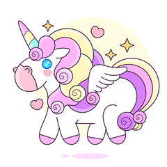 Cute Cartoon Unicorn with Pink and Yellow hair Stars Vector
