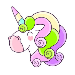 Unicorn Vector Icon Isolated On White. Head Portrait Horse Sticker, Patch Badge. Magic Cartoon Fantasy Cute Animal. Rainbow Hair. Dream Symbol.