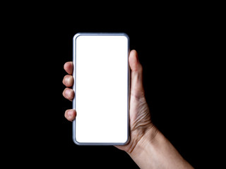 A hand holding a smartphone isolated on a black background