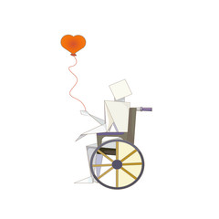 Disabled origami character on wheel chair with a heart balloon on white isolated background, vector illustration for prints, logos, icons or symbols, also can be used as an original art in Medicine.
