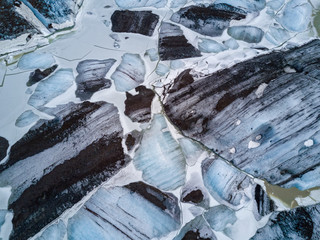 Aerial view of melting glacier. Svinafelljokull glacier in Skaftafell National Park, Iceland