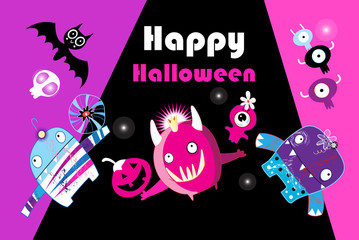 Vector postcard with monsters and a skull for Halloween