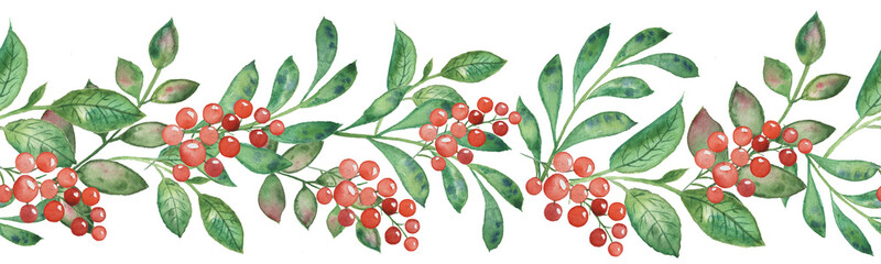 Watercolor. A border of leaves, greenery and red berries. Floral seamless pattern.