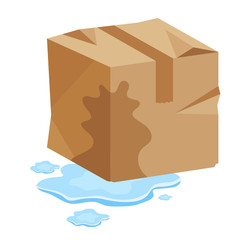 Damaged wet crate boxes 3d, broken cardboard box wet, flat style cardboard parcel boxes, packaging cargo,