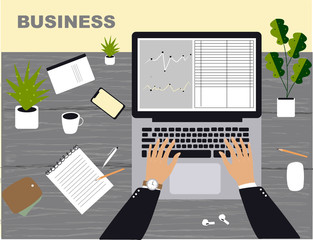 Illustration with online business. Vector image with laptop, table, plants, notebook, pens, hands for business, work, design, magazines, advertising, cover, books, office.