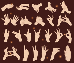 Hands gesturing isolated on a dark background. A colored set of well-groomed hands with a pleasant natural skin color. Vector illustration of hands with delicate elegant outline.