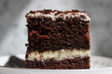 Chocolate brownie cake, dessert with white cream and topping on a light background