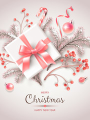 Vertical banner with Christmas symbols and text. Christmas tree, gift, berries, decoration, ribbons and other festive elements on light background.