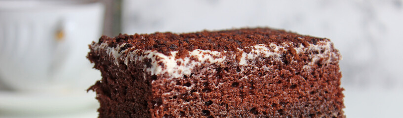 Banner. A slice of chocolate cake with white cream with a curl on a light background.