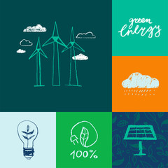 Green energy icons in hand-drawn style on herbal seamless pattern background. Vector creative illustration of Alternative energy concept. Renewable energy logo. Environmental texture for eco banner.