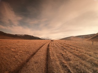 A couple wander off into the vast distance through a valley with mountains and hills in background. sepia tone.