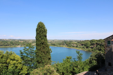 aerial view of lake with trees and mountains near rome italy 