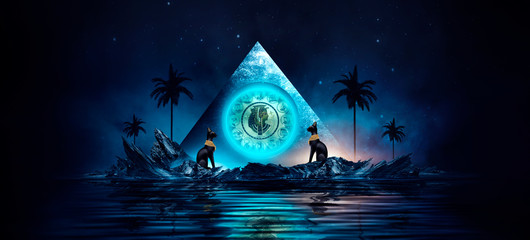 Futuristic night landscape with abstract landscape and island, moonlight, shine. Dark natural scene with reflection of light in the water, neon blue light. Dark neon circle background. Pyramids 