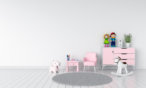 Table and sofa in white child room interior, 3D rendering © wuttichai1983