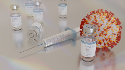 Medicine infectious concept vaccine and syringe injection.
It use for prevention, immunization and treatment from corona virus infection.
coronavirus vaccine in a research medical lab. 3D illustration