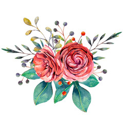 Watercolor flowers bouquet. Forest composition. Bouquet of roses.