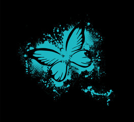 Watercolor blue background with butterflies. Mixed media. Vector illustration