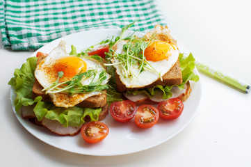 Sandwiches with fried egg, ham, tomatoes, peas sprouts and salad. Breakfast on a white plate.