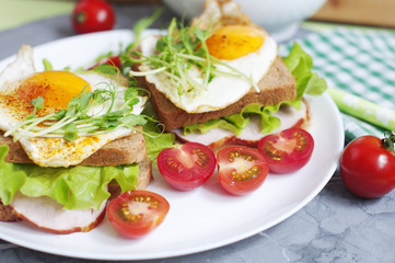 Sandwiches with fried egg, ham, tomatoes, peas sprouts and salad. Breakfast on a white plate.