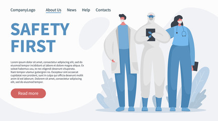 Flat vector banner landing concept with brave doctors and nurses in special isolated protected uniform. Safety first slogan. Frontline of fighting with covid 19 pandemic and illness.