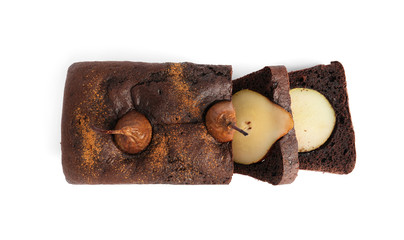 Tasty pear bread isolated on white, top view. Homemade cake