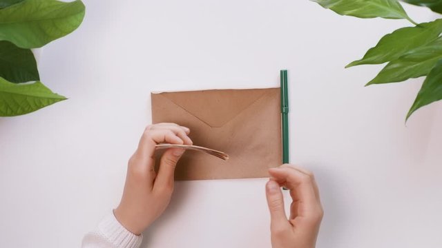 Word Danke. Top down view. Female hands count european money, euro, and then put it in an envelope. Girl writes with green marker. Background is a white table with green plants in the corners.