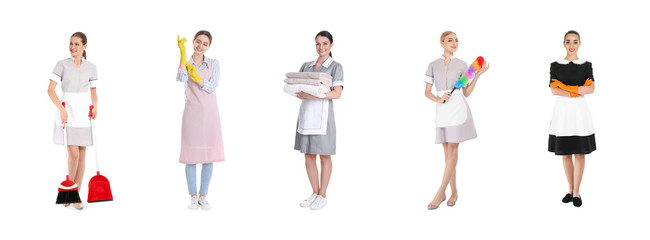 Collage with chambermaids on white background. Banner design
