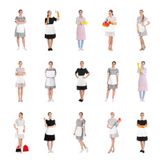 Collage with chambermaids in uniforms on white background