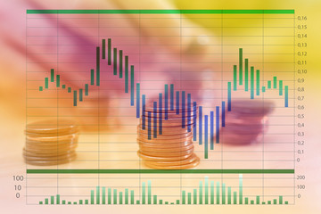 Forex trading. Stack of coins on table and chart