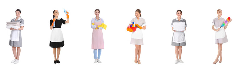 Collage with chambermaids on white background. Banner design