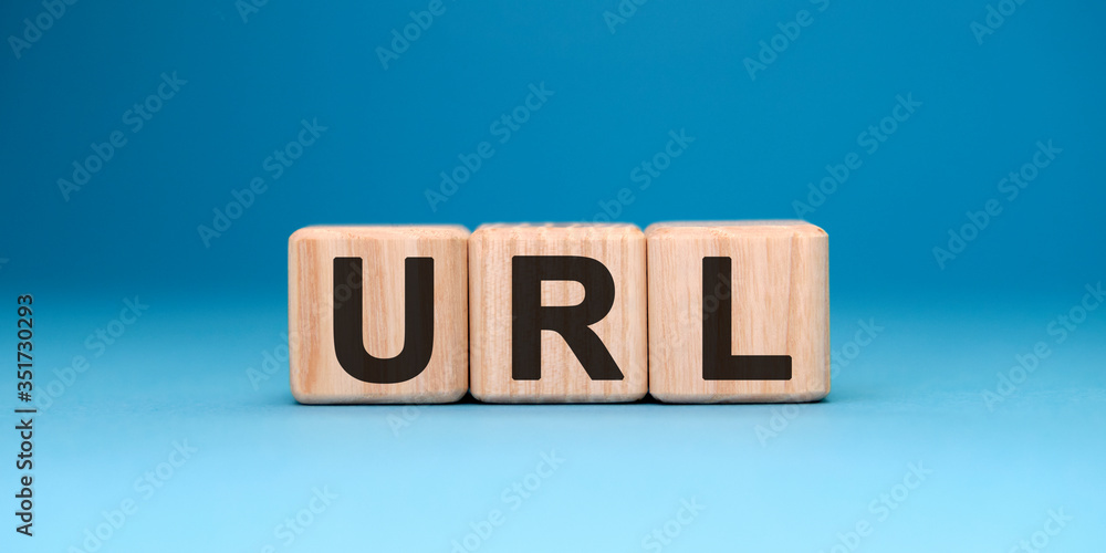Poster url website - text concept on wooden cubes with gradient blue background
