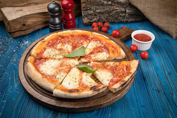 margarita pizza on wooden board 