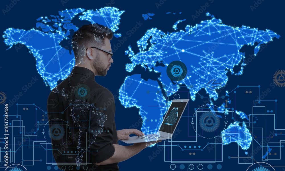 Poster double exposure of young man and world map with network connection lines. modern technology