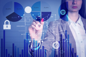 Young woman pointing at digital schema, closeup. Modern technology