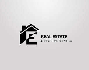 E Letter Logo. house shape with negative letter H, Real Estate Architecture Construction Icon Design.