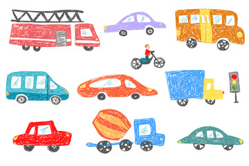 Child's drawing set of colored cars