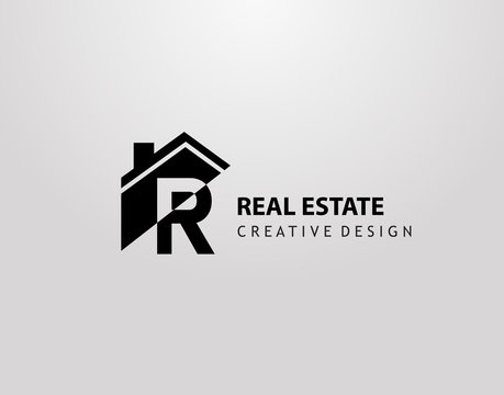 R Letter Logo. house shape with negative letter H, Real Estate Architecture Construction Icon Design.